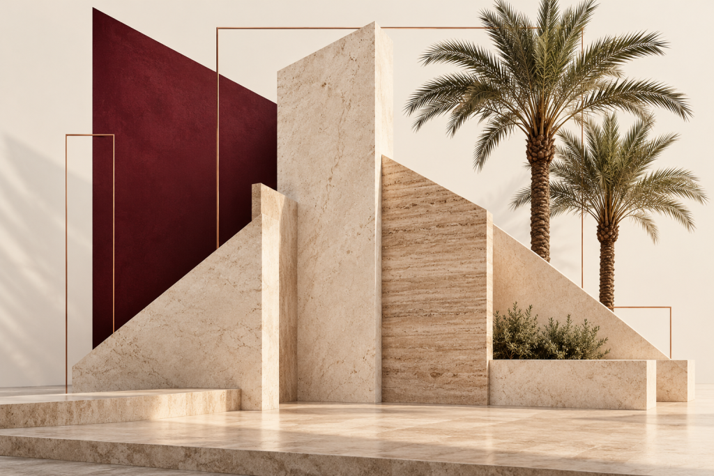 تكوين معماري تصوري من الحجر والنخيل والمسطحات العنابية