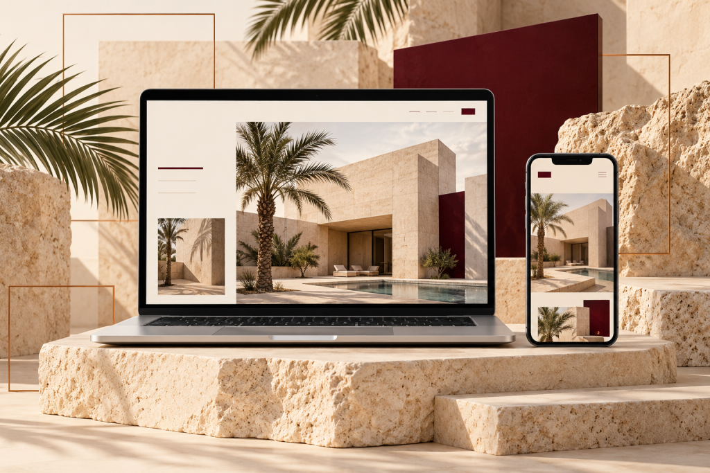 موكاب تصوري لحاسوب وجوال وسط مشهد معماري عاجي وعنابي