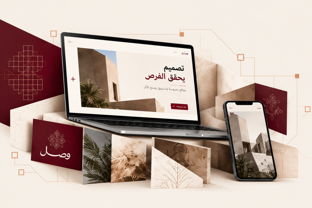 موكاب تصوري مطابق لاتجاه المرجع — حاسوب وجوال وبطاقات معمارية