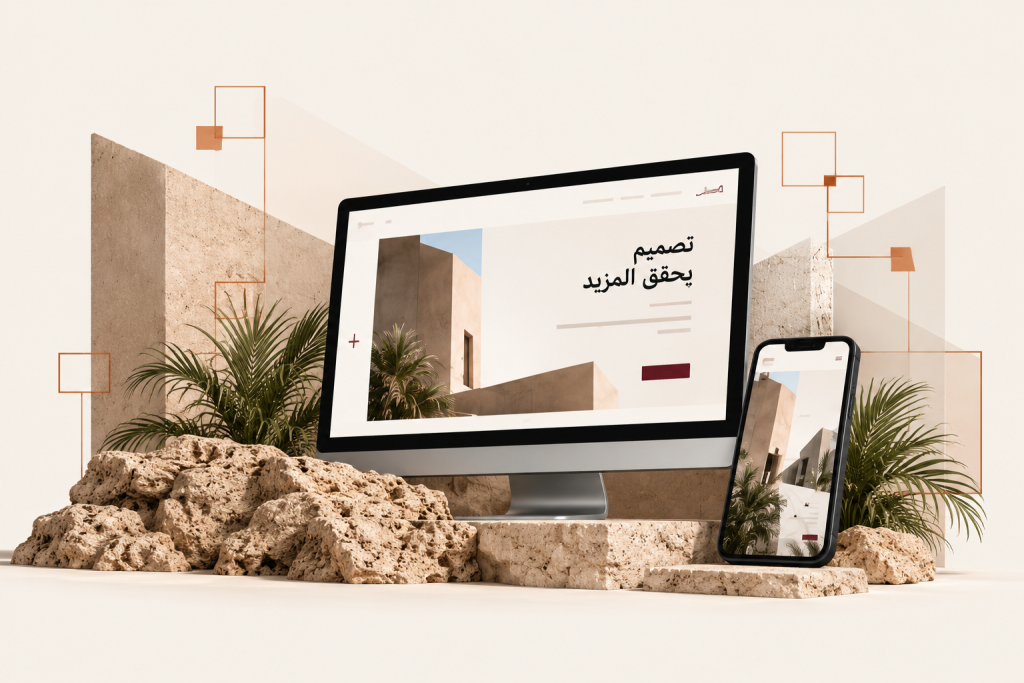 مشهد تصوري لشاشة حاسوب وجوال لتصميم المواقع